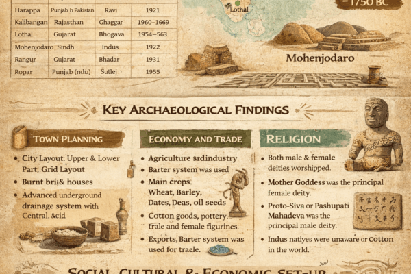 Indus Valley Civilization infographic showing Harappan sites, archaeological findings, town planning, economy and religion