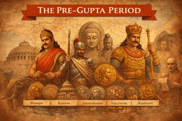 Illustration of the Pre-Gupta Period showing Shungas, Kanvas, Satavahanas, Indo-Greeks and Kushans in ancient India