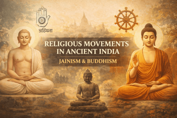 Religious movements in ancient India showing Jainism and Buddhism with Mahavira, Buddha, Ahimsa and Dharma Chakra symbols