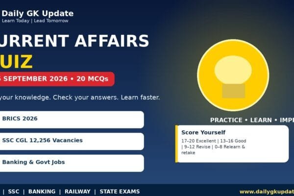 15 September 2026 Current Affairs Quiz with 20 MCQs for SSC banking UPSC and railway exams