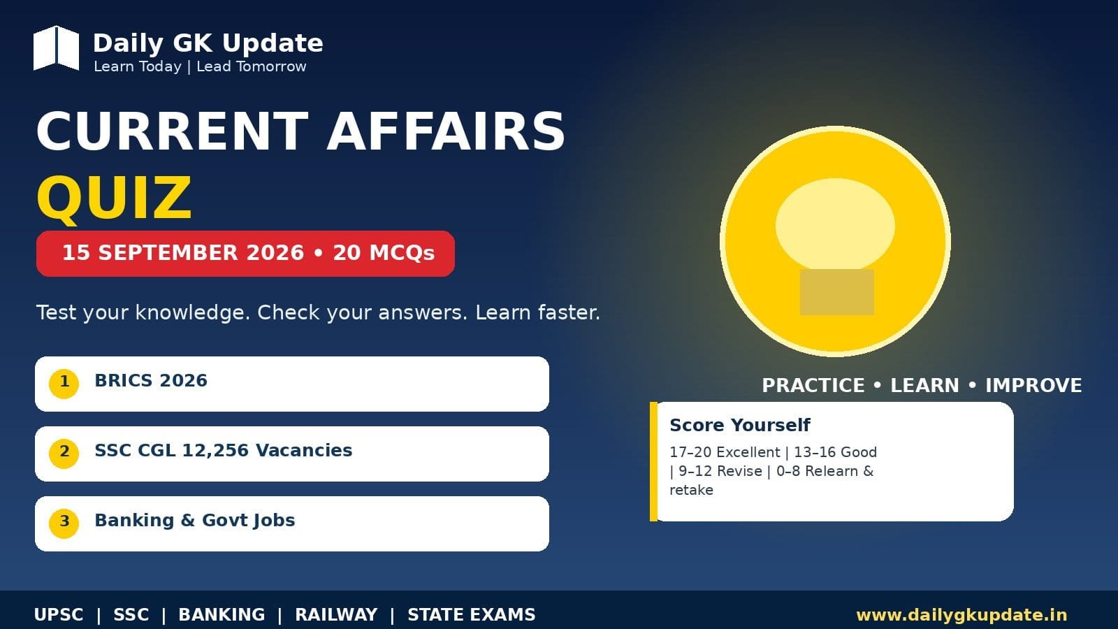 15 September 2026 Current Affairs Quiz with 20 MCQs for SSC banking UPSC and railway exams