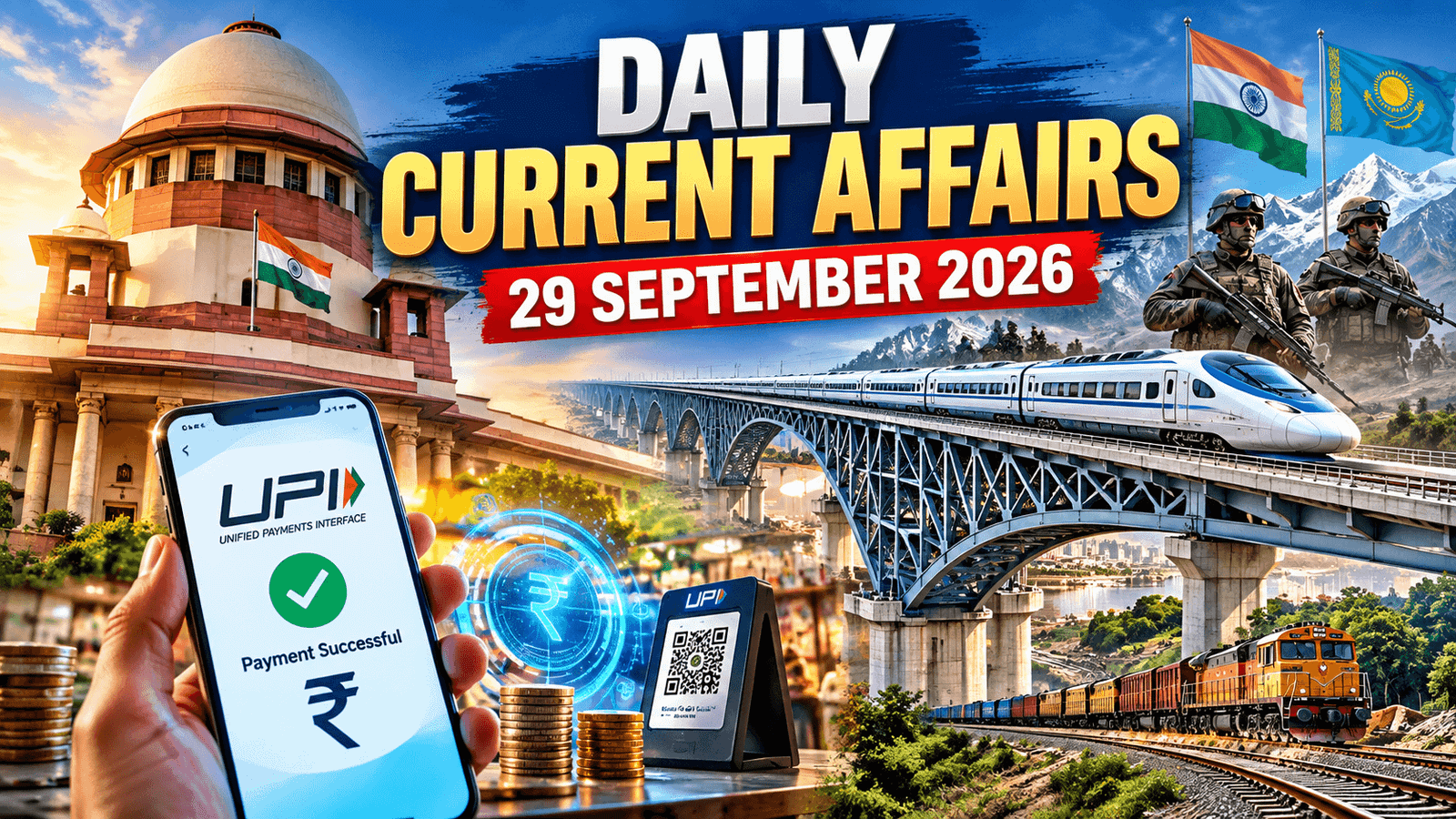 Daily Current Affairs 29 September 2026 covering UPI MDR, bullet train bridge, Railways and KAZIND