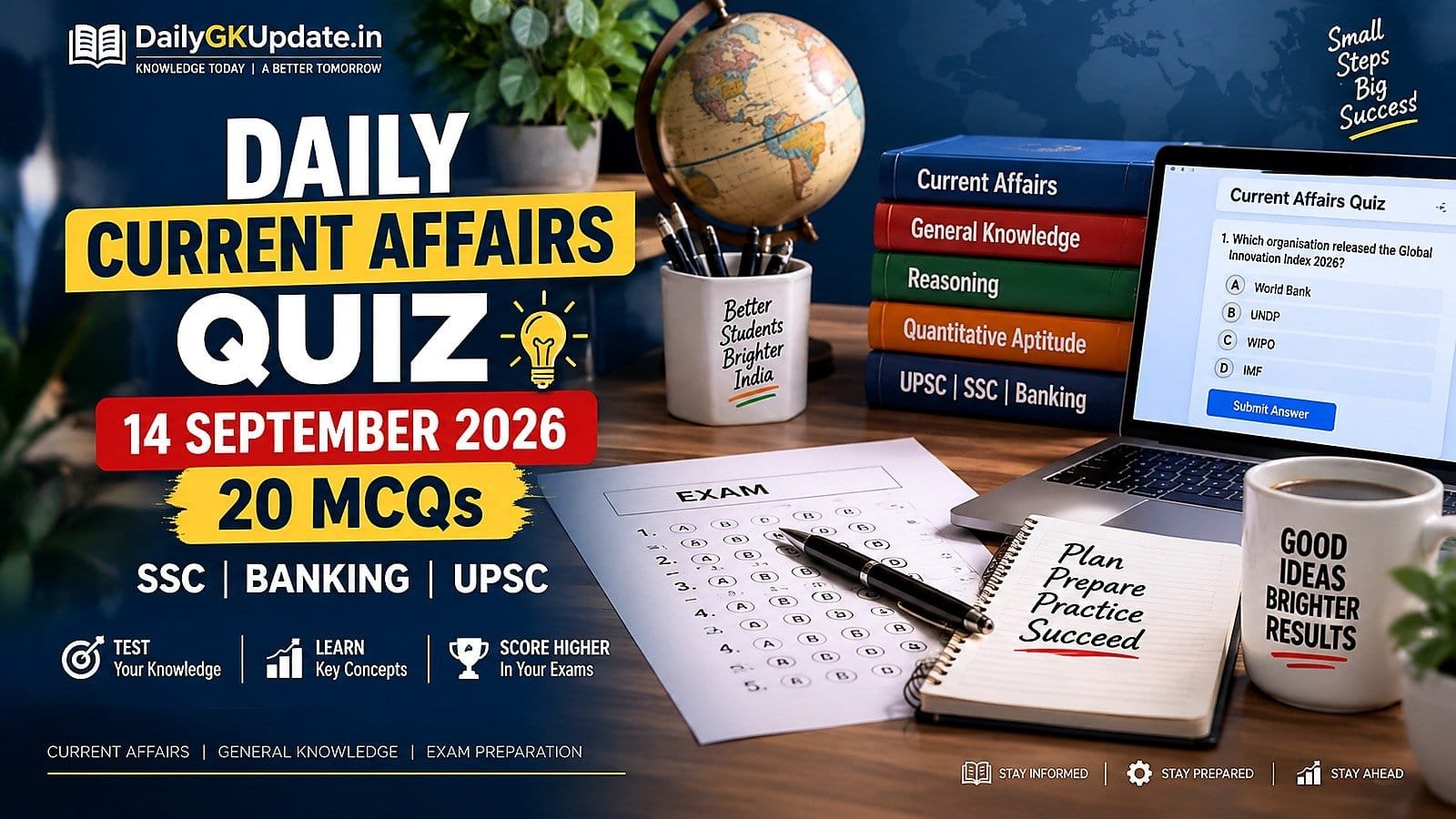 Daily Current Affairs Quiz 14 September 2026 with 20 MCQs for SSC Banking UPSC and competitive exams