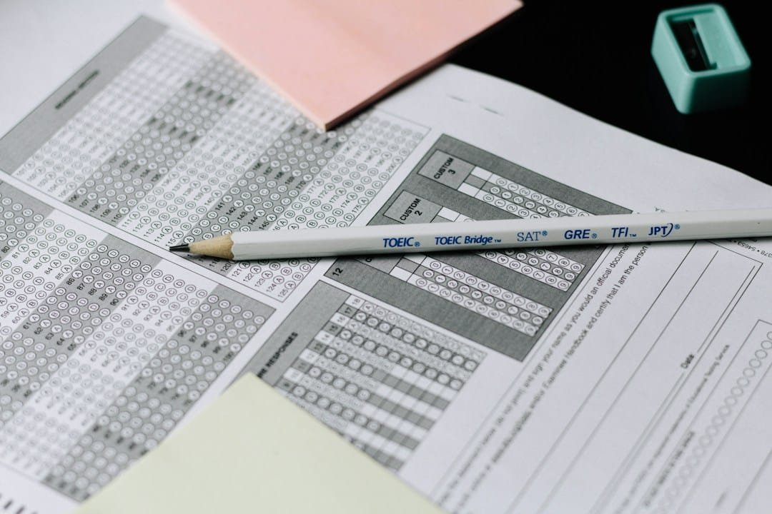 Multiple choice answer sheet on an exam preparation desk