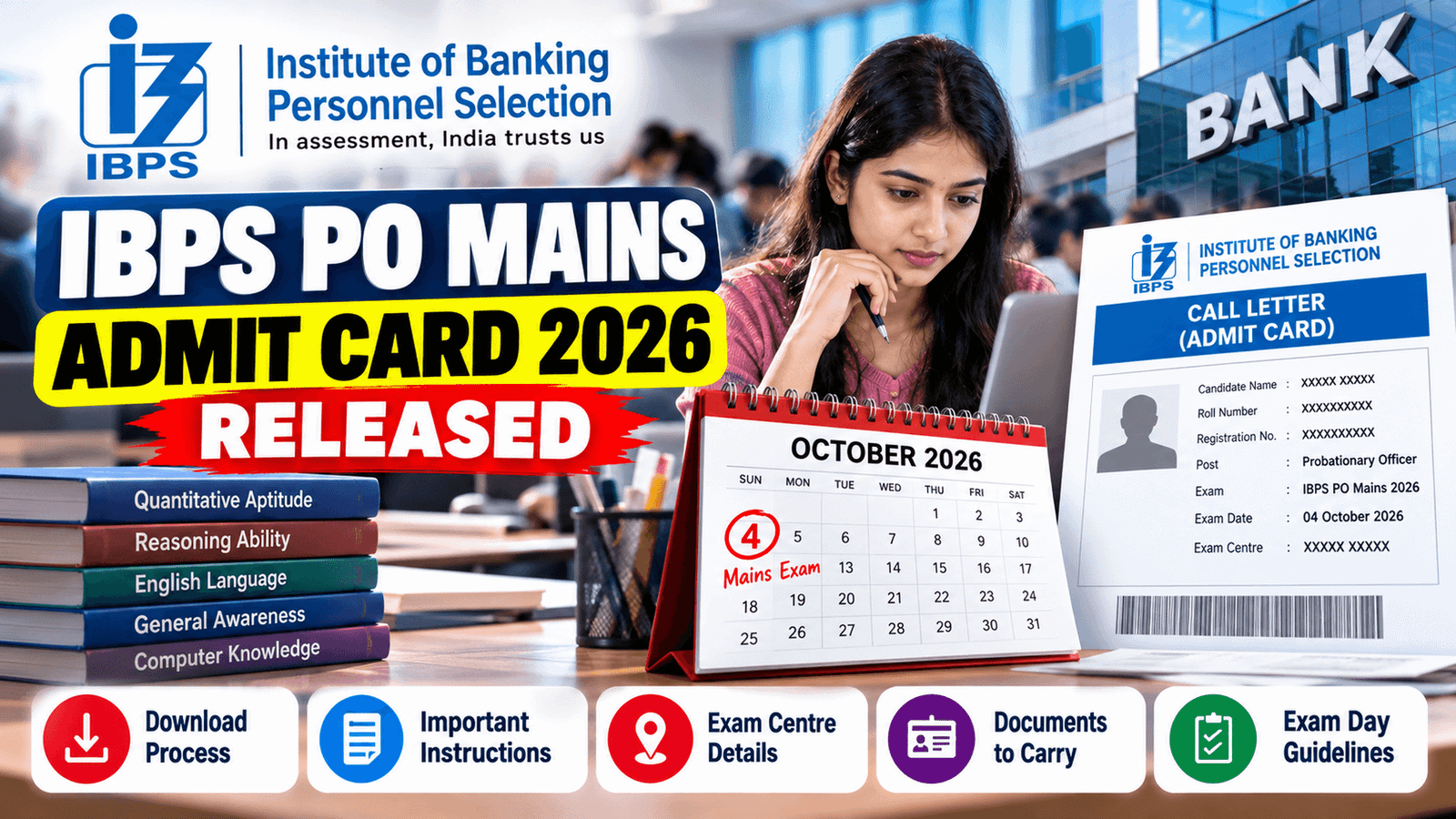 IBPS PO Mains Admit Card 2026 banner highlighting the 4 October exam date and call letter