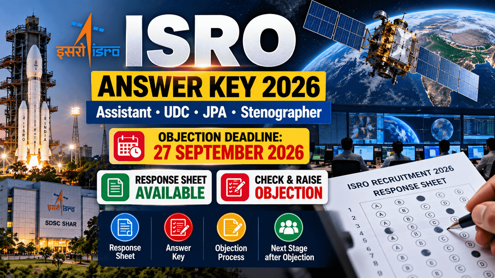 ISRO Answer Key 2026 banner for Assistant, UDC, JPA and Stenographer response sheets