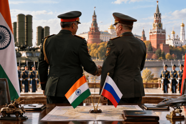 India-Russia defence cooperation symbolized by Indian and Russian military officers during General Dhiraj Seth Russia visit 2026