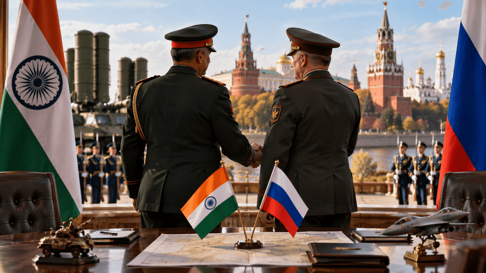 India-Russia defence cooperation symbolized by Indian and Russian military officers during General Dhiraj Seth Russia visit 2026