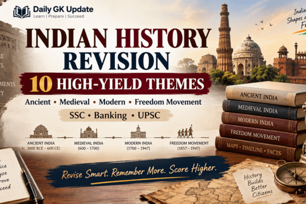 Indian History revision guide with 10 high-yield themes for SSC, Banking and UPSC