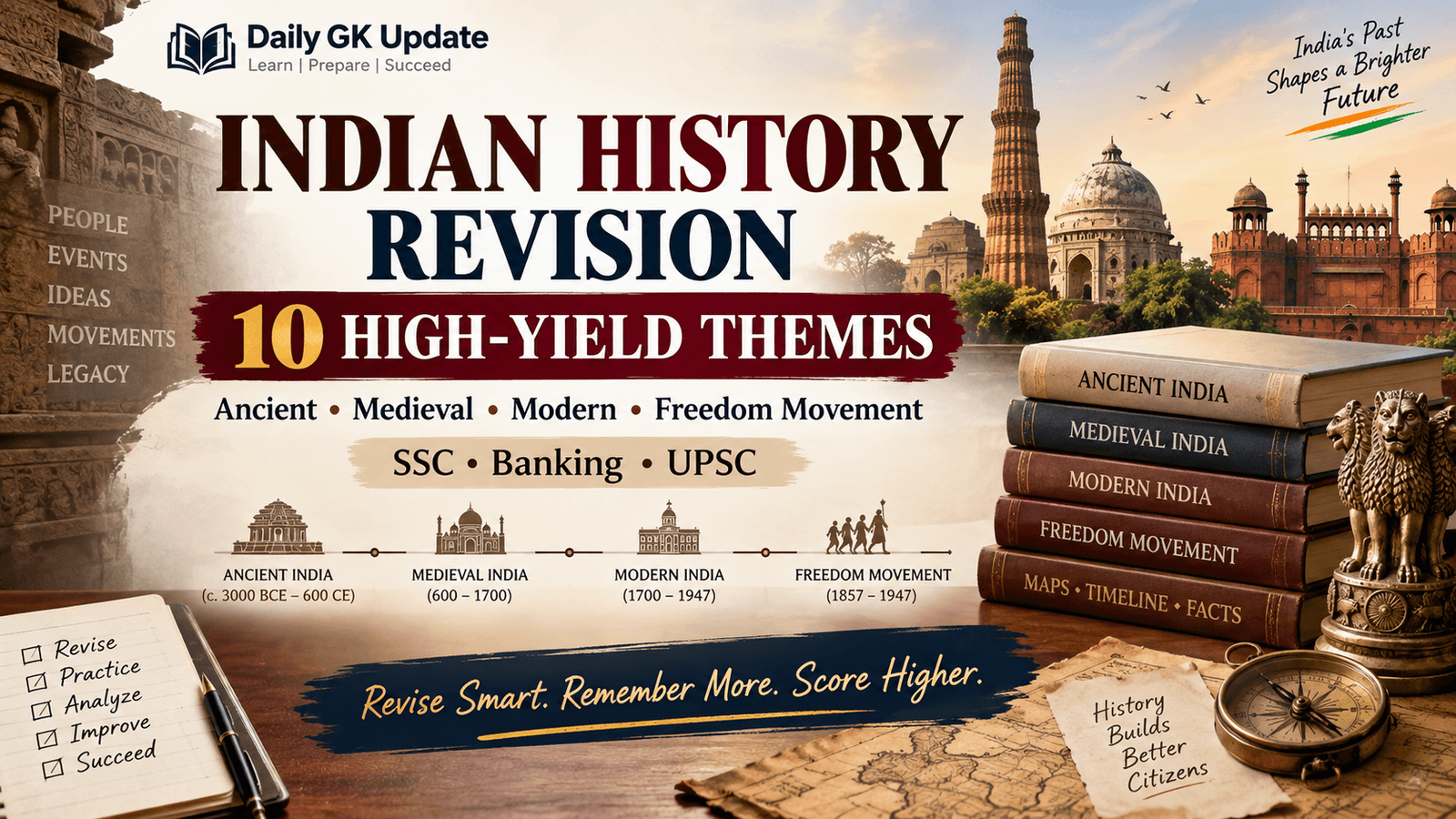 Indian History revision guide with 10 high-yield themes for SSC, Banking and UPSC
