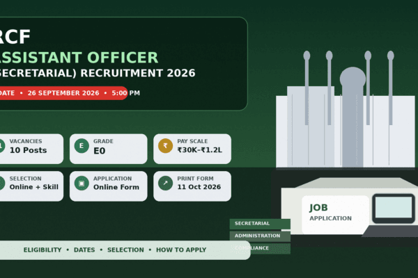 RCF Assistant Officer (Secretarial) Recruitment 2026 thumbnail highlighting 10 vacancies and the 26 September application deadline.