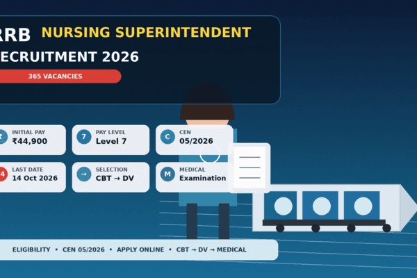 RRB Nursing Superintendent Recruitment 2026 thumbnail highlighting 365 vacancies, Level 7 pay and the CEN 05/2026 application window.