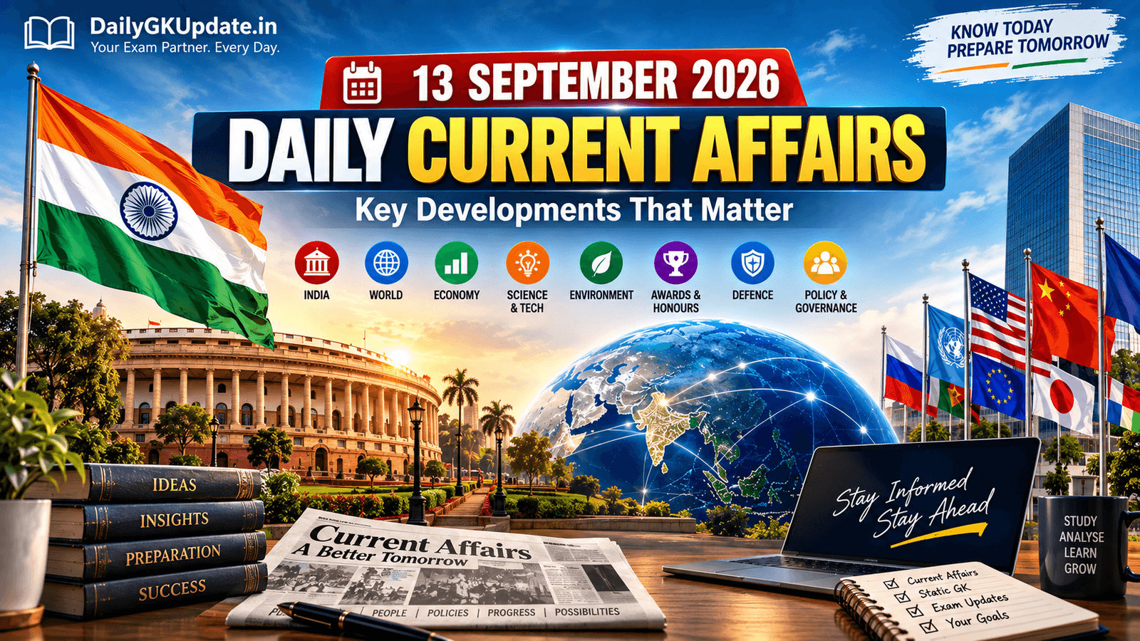 Daily Current Affairs 13 September 2026 covering national, international, economy, science, defence and environment updates