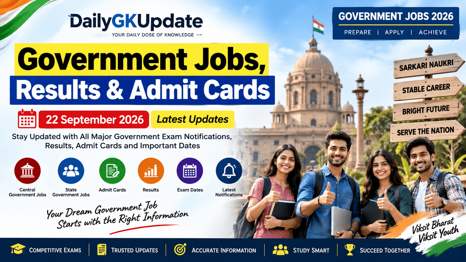 Government jobs, results and admit cards 22 September 2026