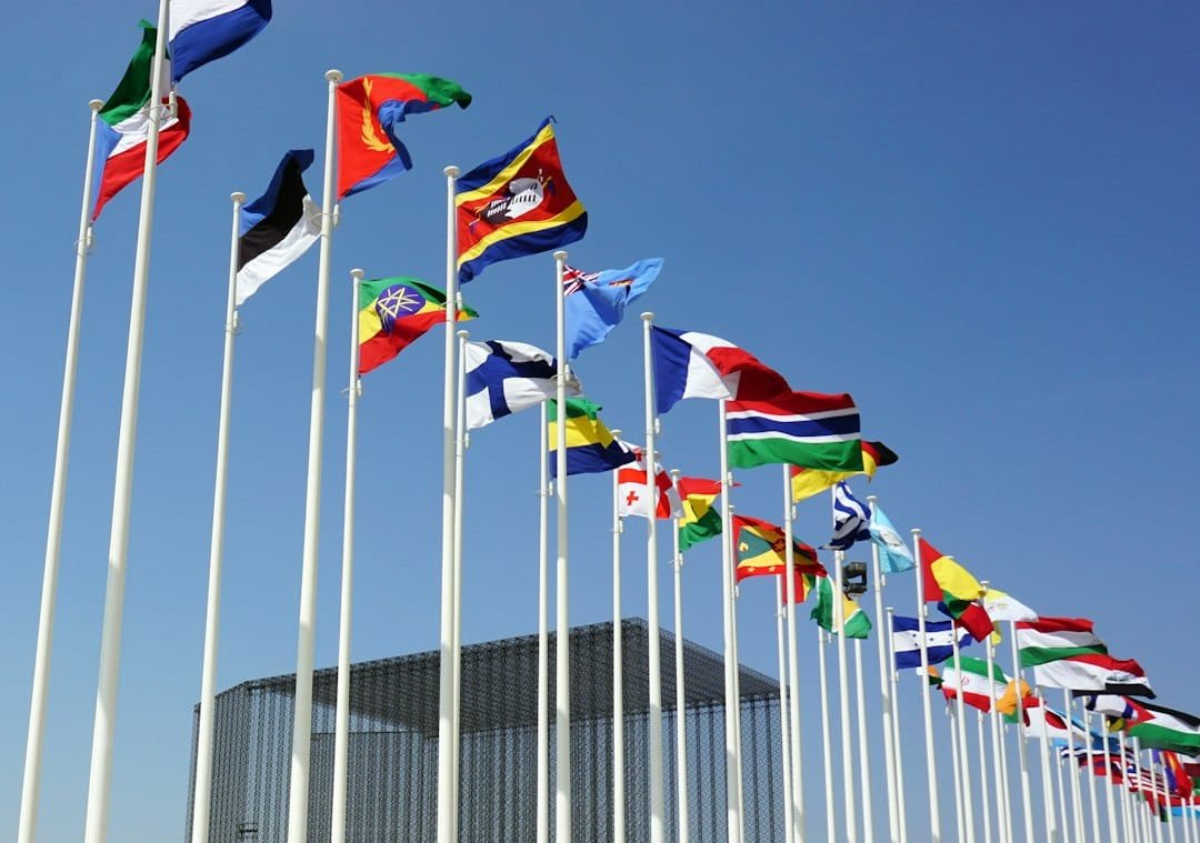 International flags representing BRICS diplomacy and global cooperation