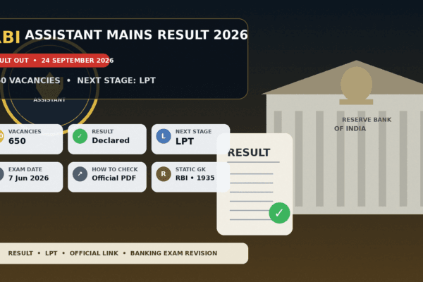 RBI Assistant Mains Result 2026 thumbnail showing the 650-vacancy recruitment and Language Proficiency Test next stage.