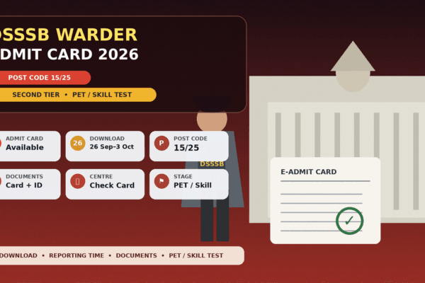 DSSSB Warder Admit Card 2026 thumbnail for Post Code 15/25 and the Tier-II PET/Skill Test.