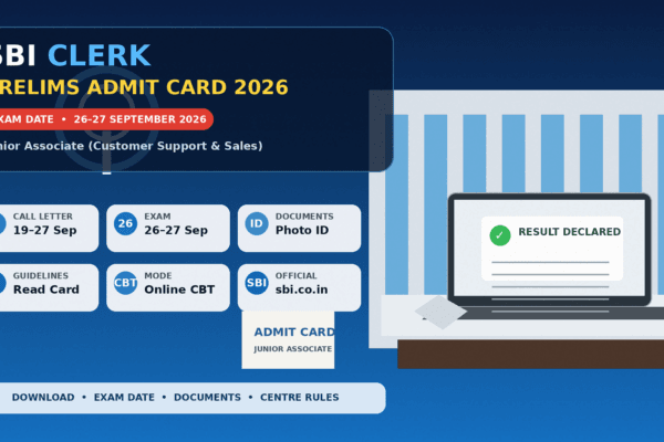 SBI Clerk Junior Associate Prelims Admit Card 2026 thumbnail highlighting the 26–27 September examination dates.