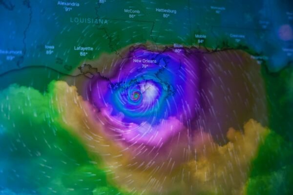 Satellite-style view illustrating a large storm system for an article on climate services