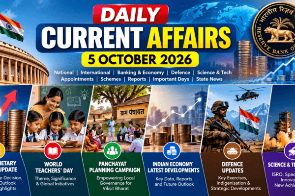 Daily Current Affairs 5 October 2026 covering RBI monetary policy, World Teachers’ Day, Panchayat planning and economic updates