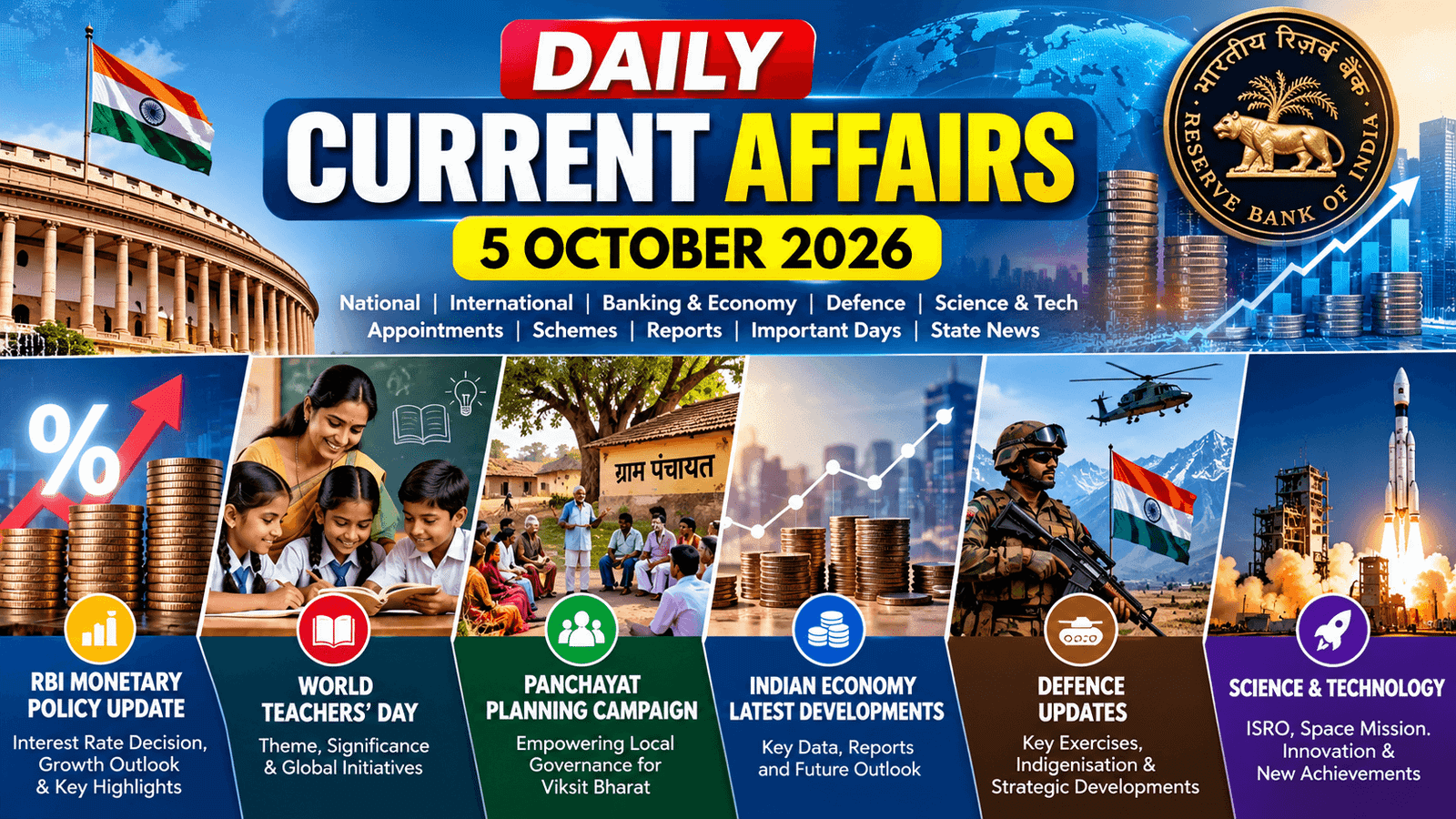 Daily Current Affairs 5 October 2026 covering RBI monetary policy, World Teachers’ Day, Panchayat planning and economic updates