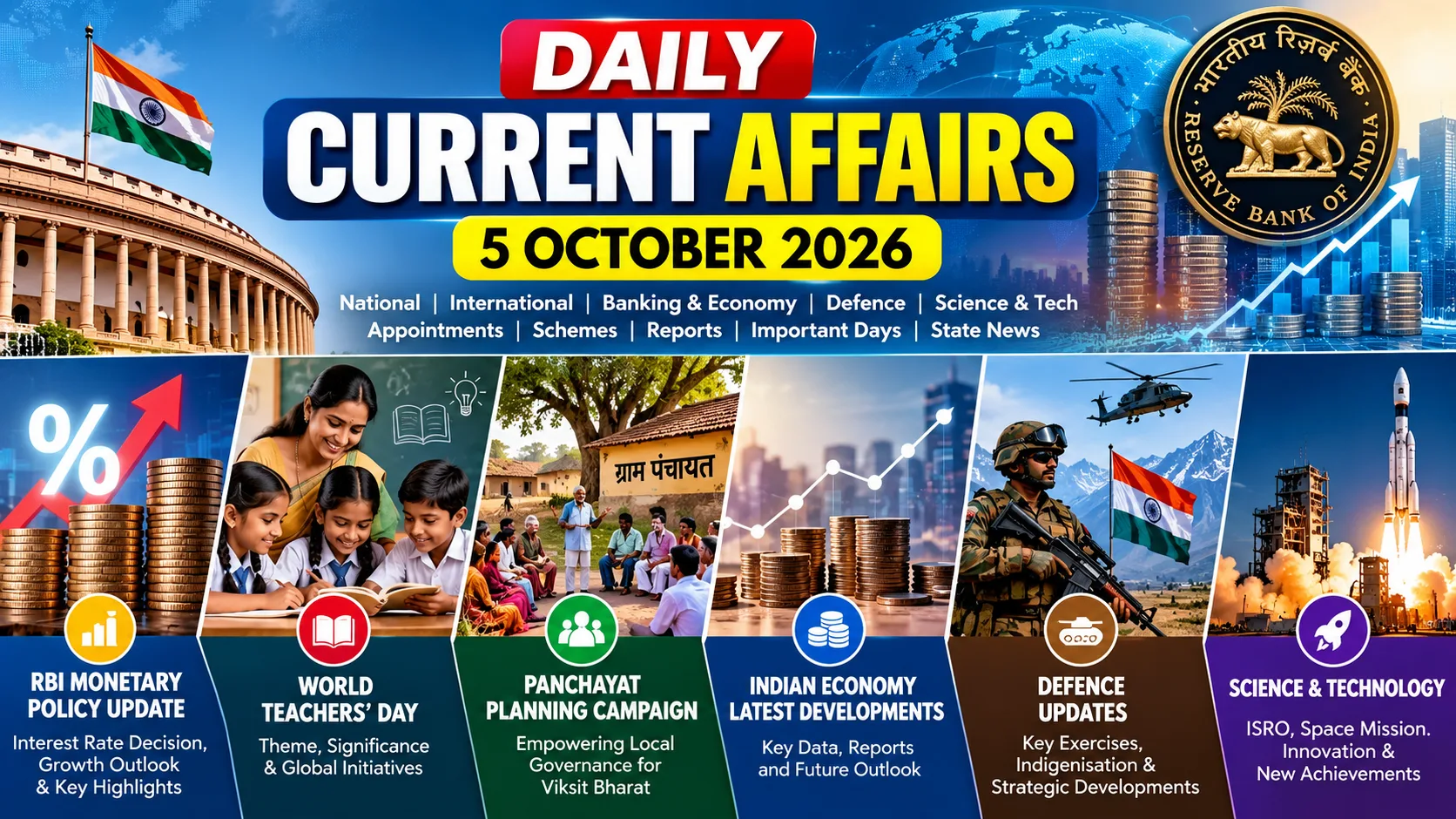 Daily Current Affairs 5 October 2026 covering RBI monetary policy, World Teachers’ Day, Panchayat planning and economic updates