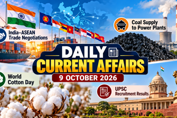 Daily Current Affairs 9 October 2026 thumbnail showing India–ASEAN trade negotiations, coal supply to power plants, World Cotton Day and UPSC recruitment results