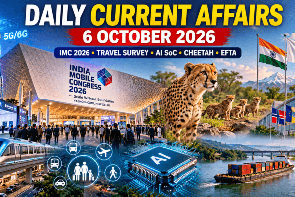 Daily Current Affairs 6 October 2026 covering IMC 2026, travel survey, AI Vision SoC, cheetahs and EFTA