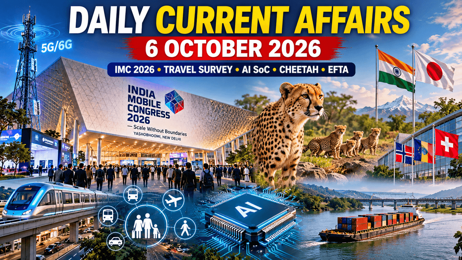 Daily Current Affairs 6 October 2026 covering IMC 2026, travel survey, AI Vision SoC, cheetahs and EFTA