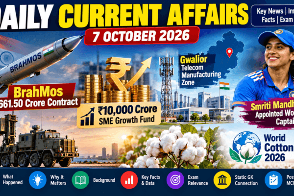 Daily Current Affairs 7 October 2026 covering BrahMos contract, SME Growth Fund, telecom manufacturing, sports and World Cotton Day