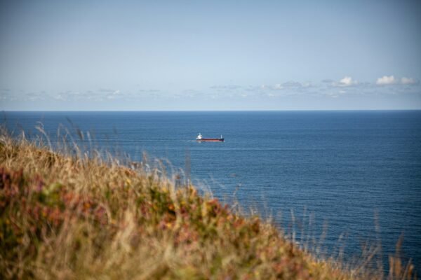 Commercial vessel moving through a coastal sea channel