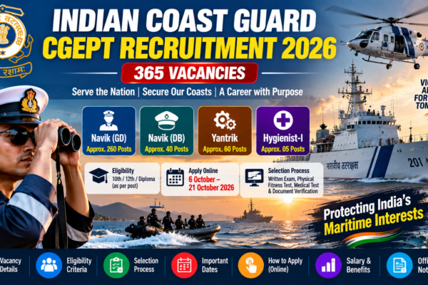 Indian Coast Guard CGEPT Recruitment 2026 with 365 Navik, Yantrik and Hygienist posts and application deadline 21 October 2026