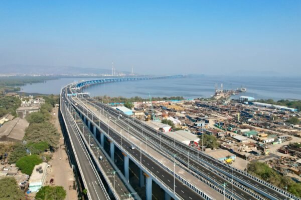 Aerial view of a major Indian sea bridge and transport corridor, illustrating multimodal infrastructure planning.