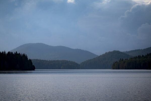 Large reservoir surrounded by forest, illustrating water storage for hydropower