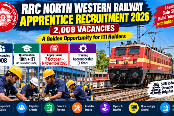 RRC NWR Apprentice Recruitment 2026 with 2,008 apprentice training slots, 10th plus ITI eligibility and application deadline 6 November 2026