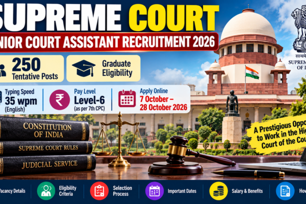 Supreme Court Junior Court Assistant Recruitment 2026 with 250 posts, graduate eligibility, 35 wpm typing and application deadline 28 October 2026