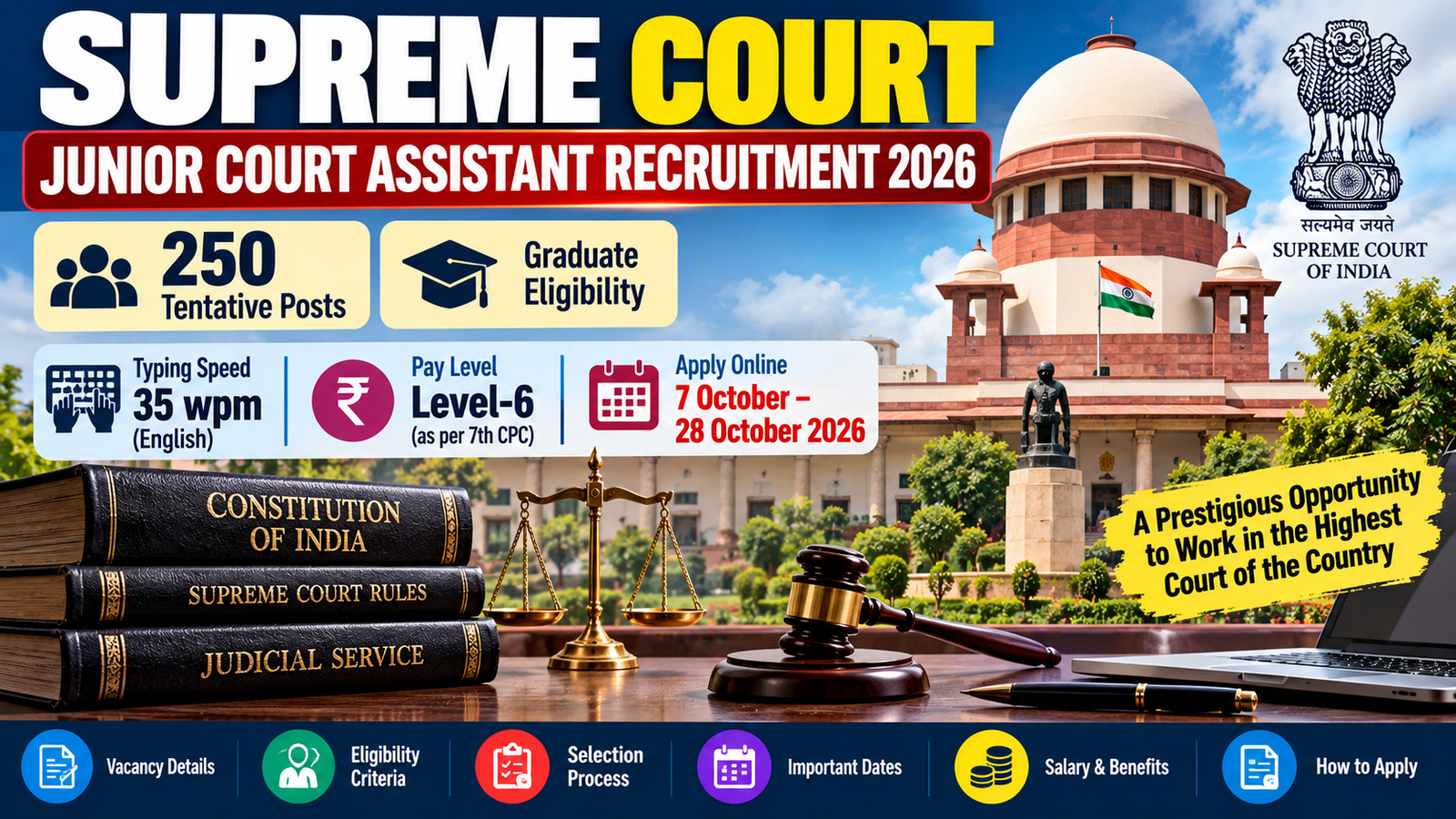 Supreme Court Junior Court Assistant Recruitment 2026 with 250 posts, graduate eligibility, 35 wpm typing and application deadline 28 October 2026