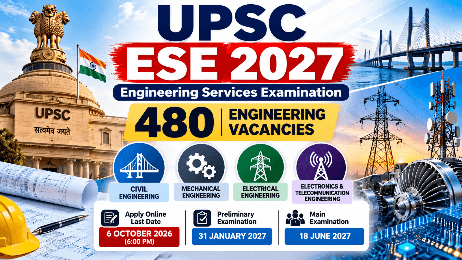 UPSC ESE 2027 recruitment with 480 engineering vacancies and exam dates