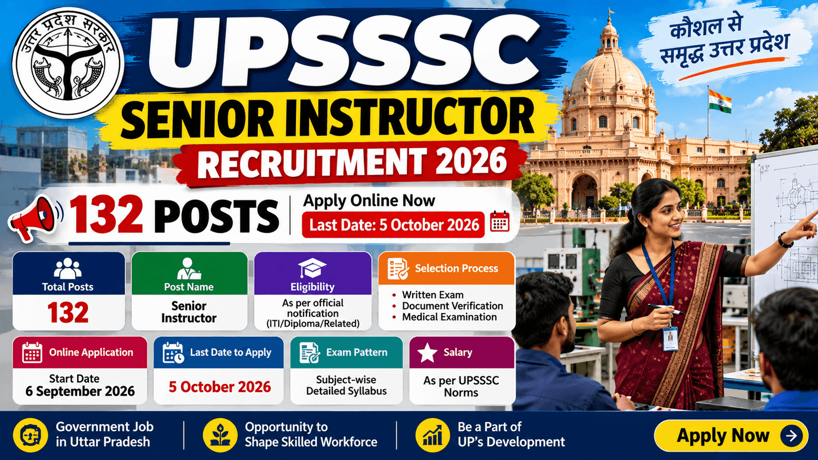 UPSSSC Senior Instructor Recruitment 2026 for 132 posts with 5 October application deadline
