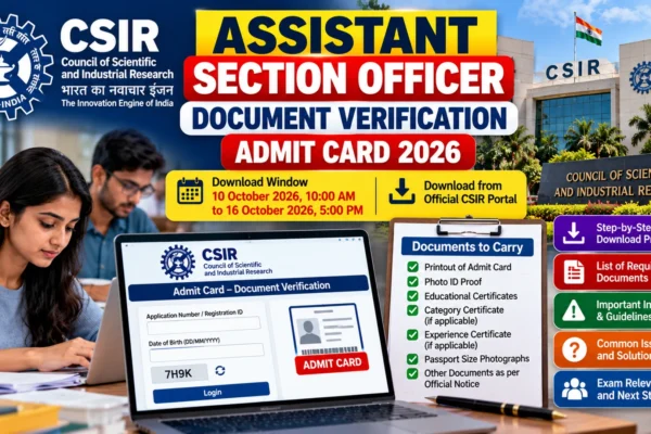 CSIR Assistant Section Officer Document Verification admit card 2026 infographic with 10–16 October download window and document checklist