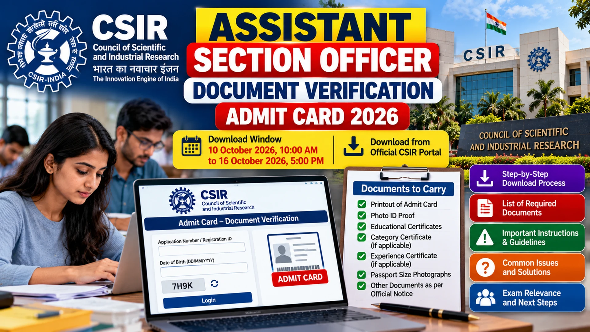 CSIR Assistant Section Officer Document Verification admit card 2026 infographic with 10–16 October download window and document checklist