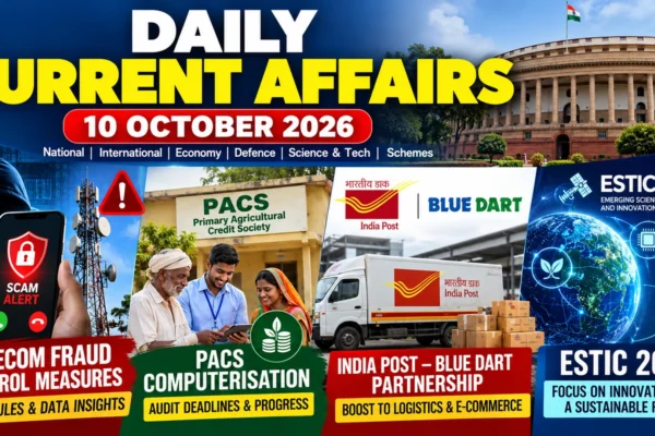 Daily Current Affairs 10 October 2026 infographic covering telecom fraud controls, PACS computerisation, India Post–Blue Dart parcel partnership and ESTIC 2026