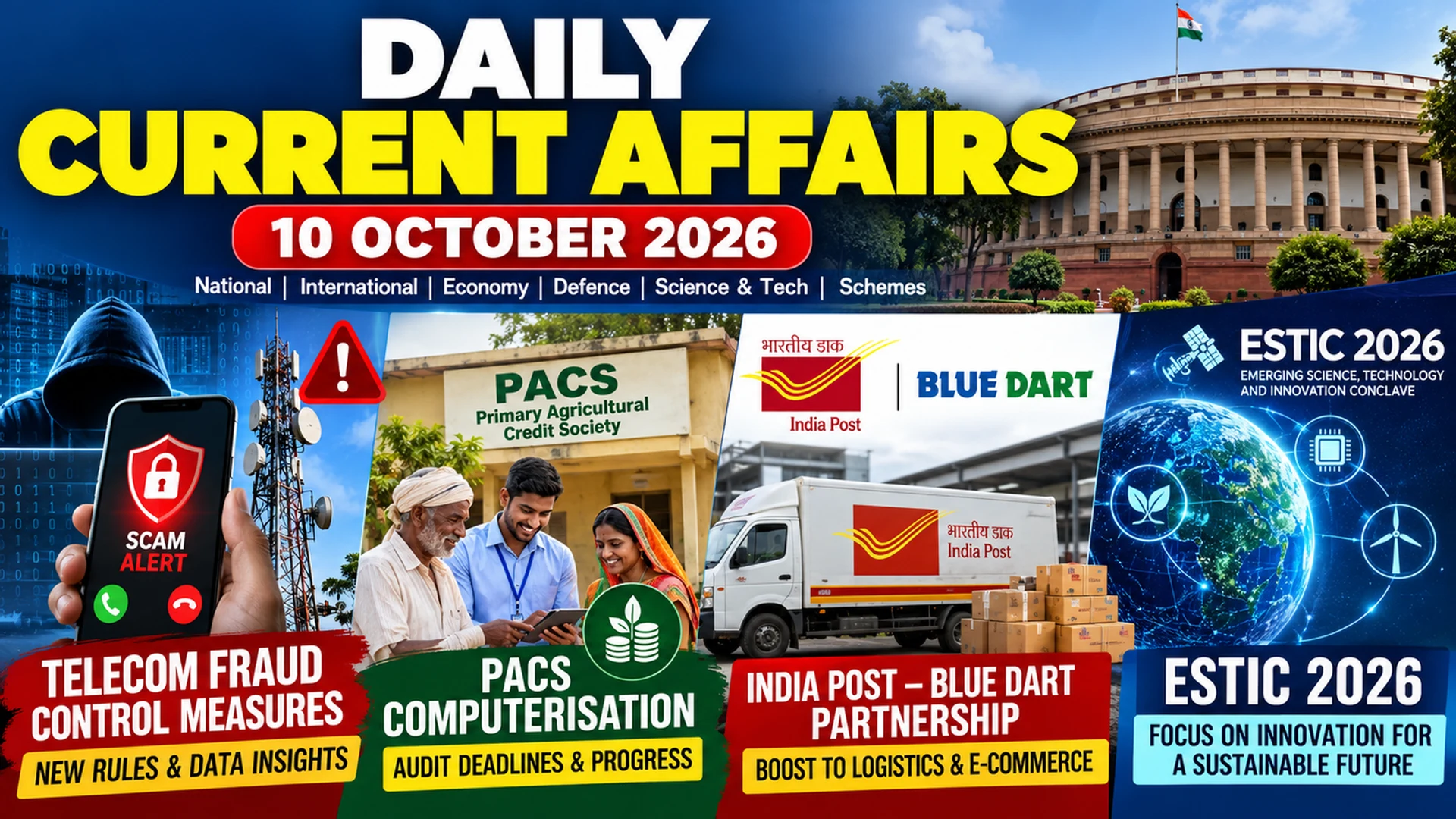 Daily Current Affairs 10 October 2026 infographic covering telecom fraud controls, PACS computerisation, India Post–Blue Dart parcel partnership and ESTIC 2026