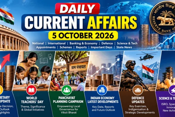 Daily Current Affairs 5 October 2026 infographic covering RBI MPC, Kautilya Economic Conclave, World Teachers Day and Panchayat planning