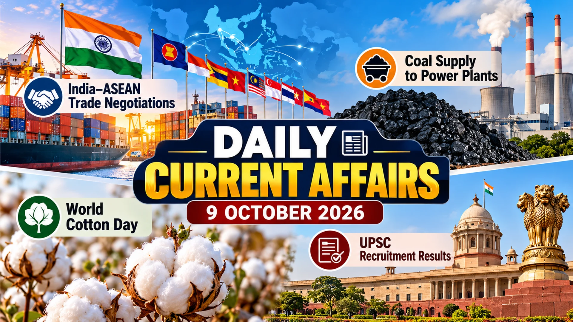 Daily Current Affairs 9 October 2026 infographic covering AITIGA trade talks, coal supplies, World Cotton Day and UPSC recruitment results