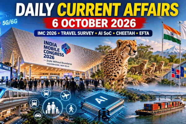 Daily Current Affairs 6 October 2026 infographic covering India Mobile Congress, travel survey, AI chip, cheetah population and India–Switzerland outcomes