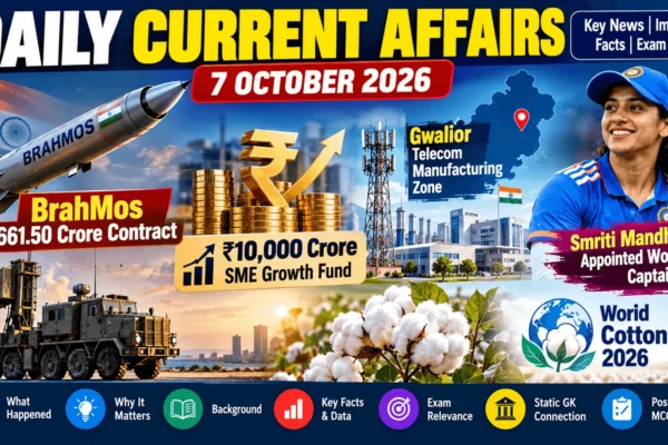 Daily Current Affairs 7 October 2026 infographic covering BrahMos contract, SME Growth Fund, telecom manufacturing zone and World Cotton Day