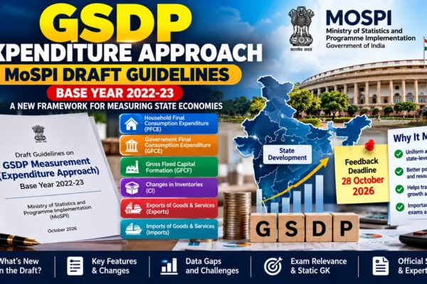 GSDP expenditure approach infographic showing MoSPI draft guidelines, 2022–23 base year, expenditure components and 28 October feedback deadline