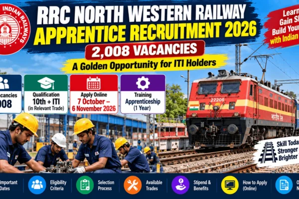 RRC North Western Railway apprentice recruitment 2026 infographic highlighting 2,008 training slots, eligibility and application deadline