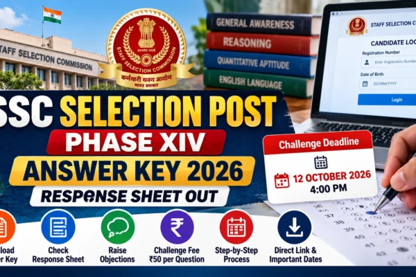 SSC Selection Post Phase XIV answer key 2026 infographic covering response sheet, objection fee and challenge deadline